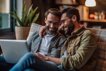 Obraz premium male gay couple hugging and looking at a laptop computer while smiling sitting on the couch or sofa, happy hispanic latin and caucasian homosexual men married, generative AI