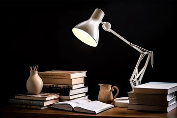 White Desk Lamp illuminating books for self improvement in the concept of education. Generative AI