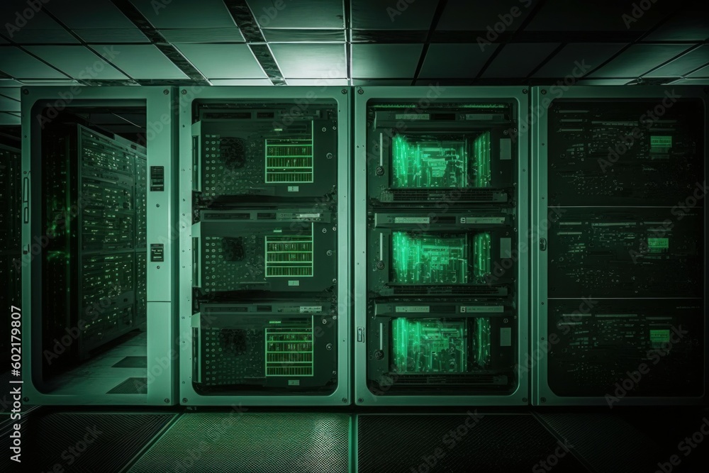 Poster modern data center with computer servers. ai generated, human enhanced.