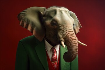 Anthropomorphic elephant dressed in a suit like a businessman. business concept. AI generated, human enhanced.