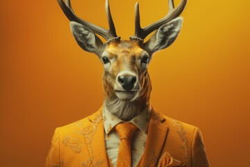 Anthropomorphic elk dressed in a suit like a businessman. business concept. AI generated, human enhanced.