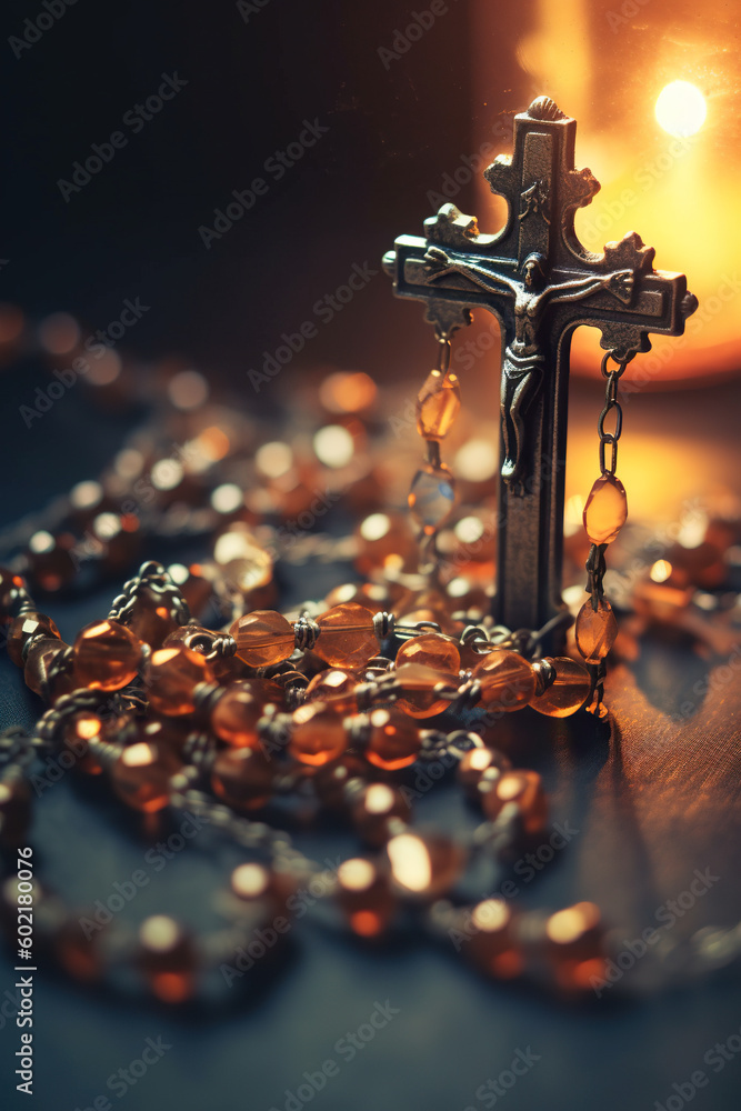 Poster a rosary and a cross on a table. generative ai.
