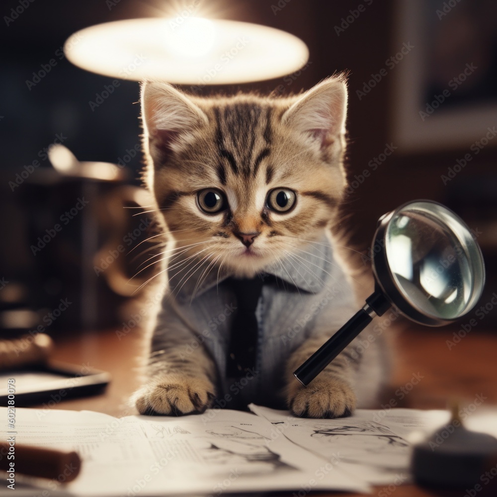 Poster a small kitten sitting on a desk with a magnifying glass. generative ai image.