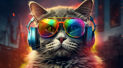 Music cat with colorful sunglasses and headphones - Generative AI