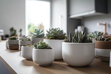 White pots with different succulents on a wooden kitchen counter, interior design. Generative AI