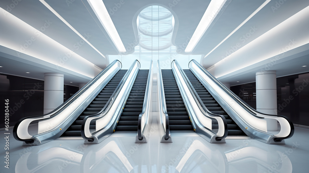 Poster two escalators in an empty subway station. generative ai.