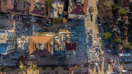 Turkey earthquake aerial view. Aerial view of collapsed buildings in Kahramanmaras