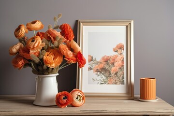 Vintage table with a vertical frame and orange ranunculus flowers, warm house furnishings, and mockup creation design wooden frame with no contents and Persian buttercup flowers. Generative AI