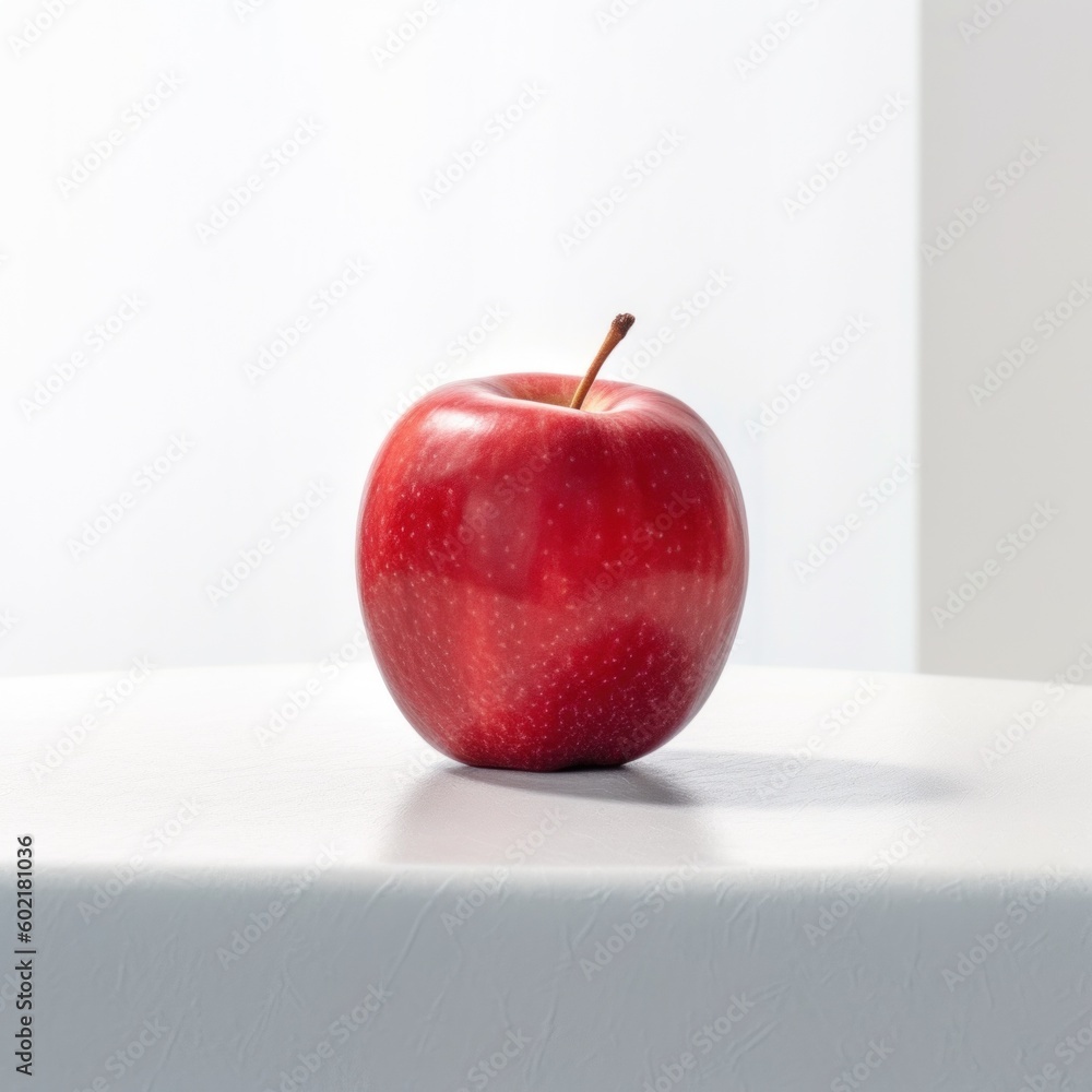 Poster a red apple sitting on top of a white table. generative ai image.