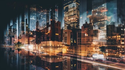 Obraz na płótnie Canvas A city street at night with cars passing by. Generative AI image.