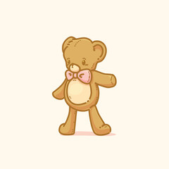 Vector Illustration of Cute Brown Teddy Bear with Pink Ribbon and Raised Arm
