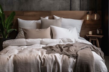 White pillows and cushions that are part of a modern bedroom's fashionable combination of trendy room design. Generative AI