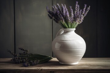 white vase with lavender on a wooden table. Generative AI