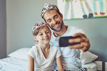 Man, girl child and selfie in princess tiara, happiness with love and care at family home. Smile in...