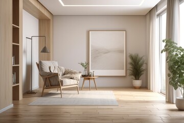 White banner in an empty frame in the corner of the beige living room, which also has a niche bookcase. On the parquet floor, two armchairs and a coffee table are nearby. Modern interior Generative AI