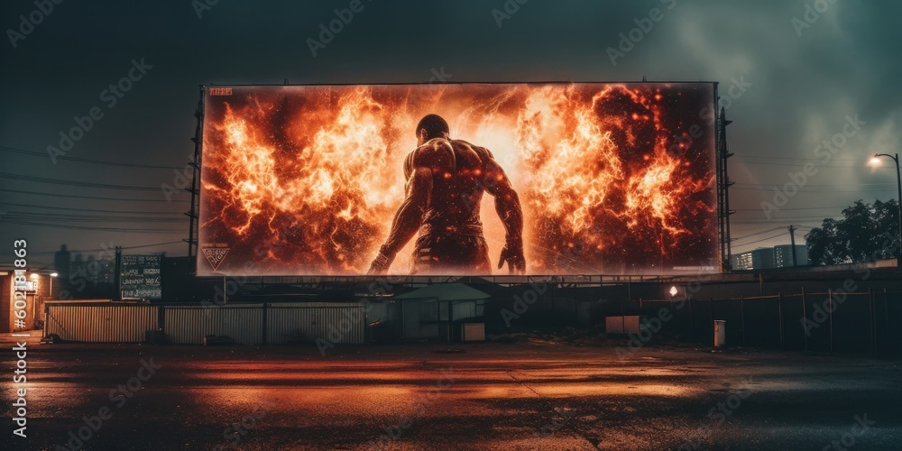 Aufkleber a large billboard with a man in flames on it. generative ai image.