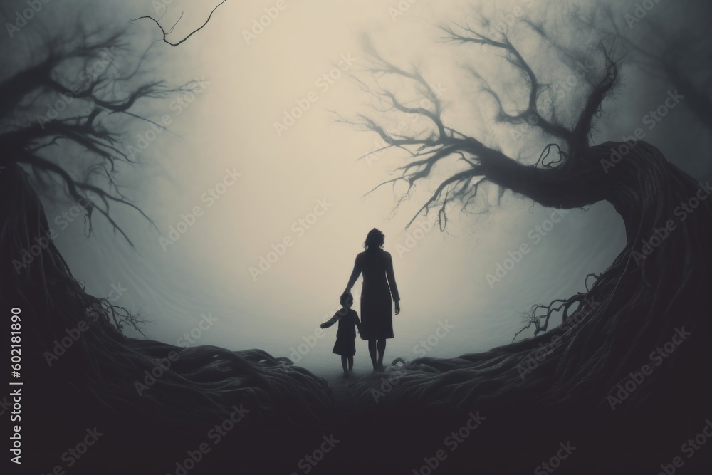 Aufkleber a woman and a child standing in front of a tree. generative ai image.