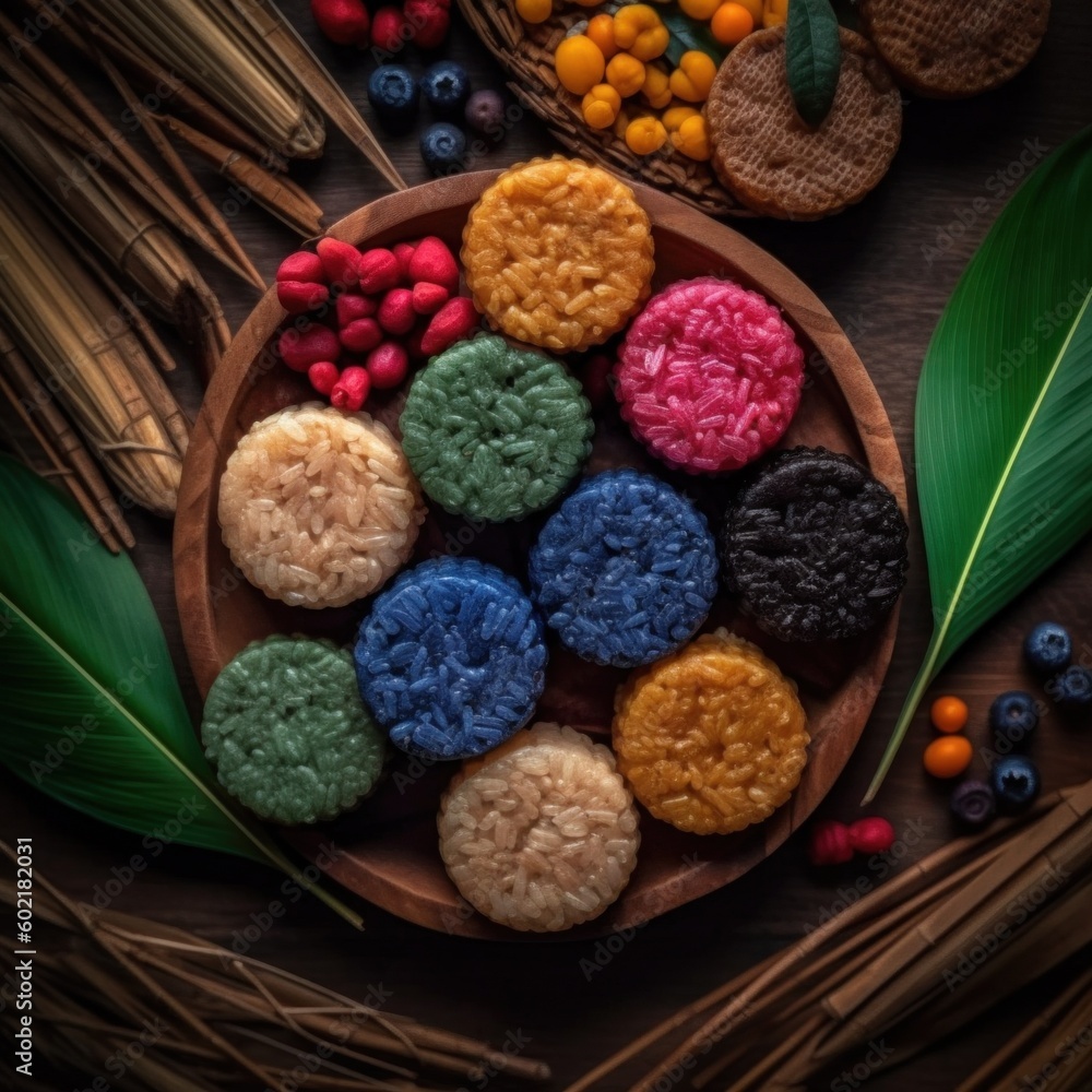 Poster a wooden plate filled with different types of cookies. generative ai image.