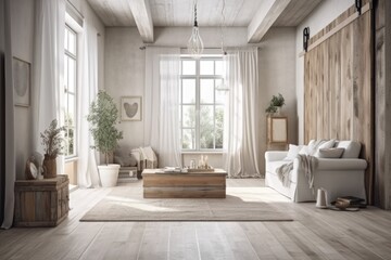 White and faded tones dominate this vintage wooden living room. Parquet flooring, decorations, and a mock up of a wall design of a farmhouse interior. Generative AI
