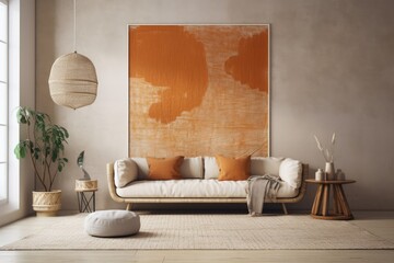 White and orange living room with a plaster wall done in the Wabi Sabi style. Minimalist macrame wall art and a cloth sofa. Interior design by Japandi,. Generative AI