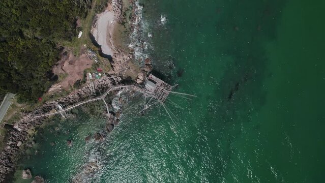 Impressive fishing platforms on stilts on the trabocchi coast Abruzzo 4k drone