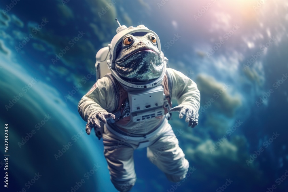 Poster a man in a space suit floating in the air. generative ai image.