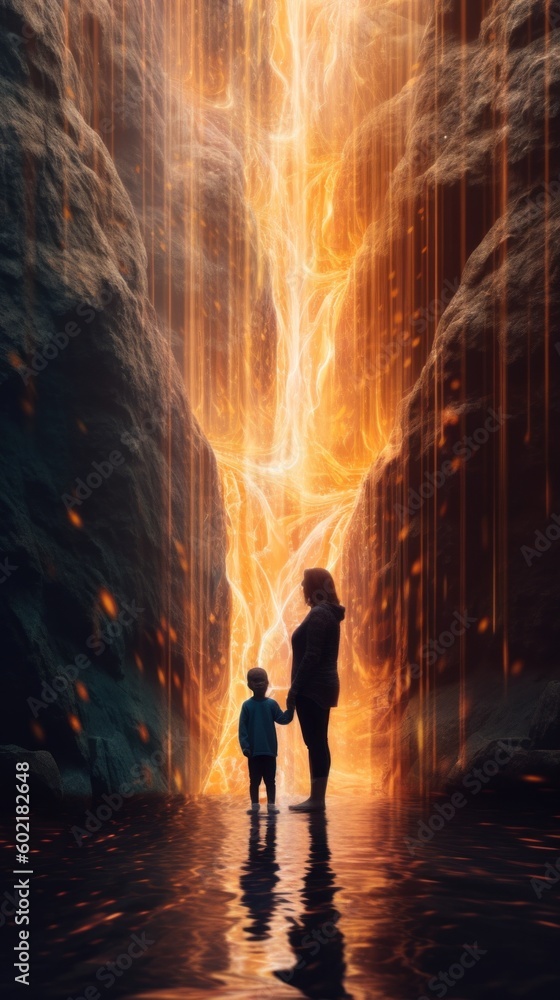 Poster a man and a child standing in front of a waterfall. generative ai image.