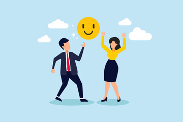Employee happiness, job satisfaction or company benefit, happy workplace or positive attitude, work motivation concept, happy businessman and woman holding smiling face symbol in joyful workplace.