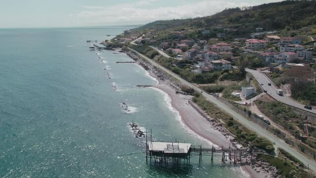 Impressive fishing platforms on stilts on the trabocchi coast Abruzzo 4k drone