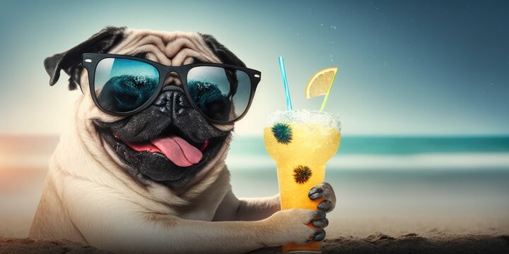 Pug dog is on summer vacation at seaside resort and relaxing rest on summer beach of Hawaii Generative AI