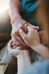 Senior man, woman and holding hands for support with care and empathy while together for closeup....