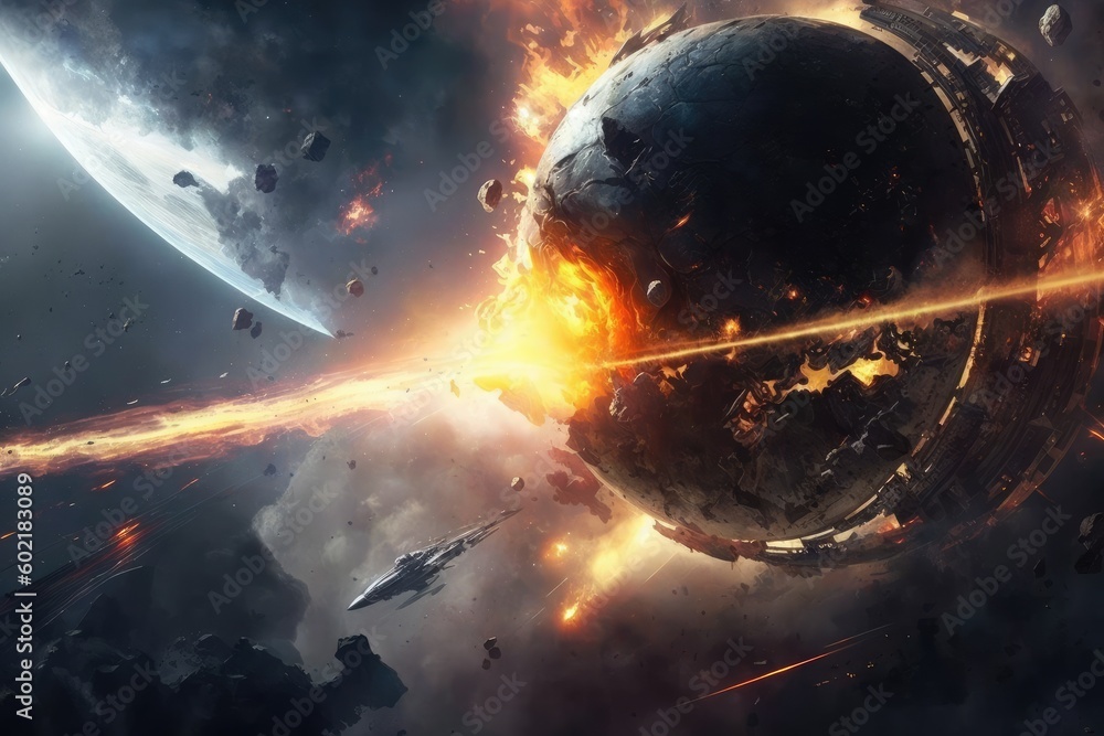 Poster space war human and alien in outer space for star colony. distinct generative ai image.