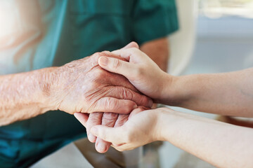 Elderly man, woman and holding hands for care, support and empathy while together for closeup. Hand of senior male and person for hope, trust and kindness or help with life insurance and health