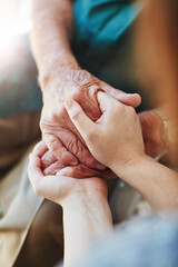 Woman, senior man and holding hands for support with care and empathy while together for closeup....