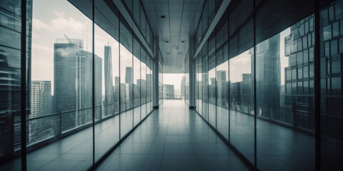 Glass empty corridor of a business center on a high floor overlooking the city from skyscrapers. AI generation 