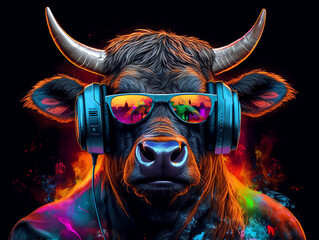 Music dj bull with sunglasses and headphones - Generative AI - obrazy, fototapety, plakaty