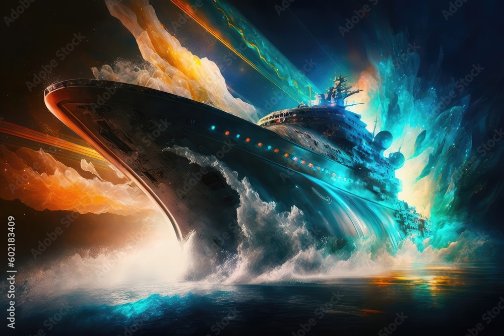 Poster gigantic spaceship travel into a quantum world. distinct generative ai image.