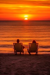 Fototapeta na wymiar silhouette of a couple sitting on the beach in chairs enjoying the moment together. sunrise meditation. sunset vacation. Created with generative AI tools