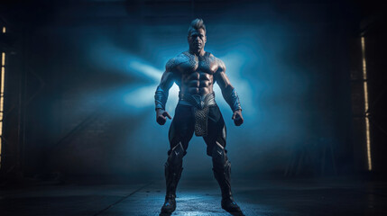 Photo realistic science-fiction, fantasy, space viking, ice warrior illustration. Anatomy and lighting reference. Generative AI.