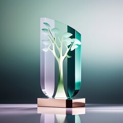 AI-generated illustration of a glass and wood award or sculpture featuring a tree. MidJourney.