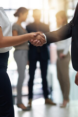 Bussiness people, shaking hands and partnership deal at meeting for networking, b2b and success. Professional man and woman together for handshake, corporate partner and introduction or agreement - obrazy, fototapety, plakaty