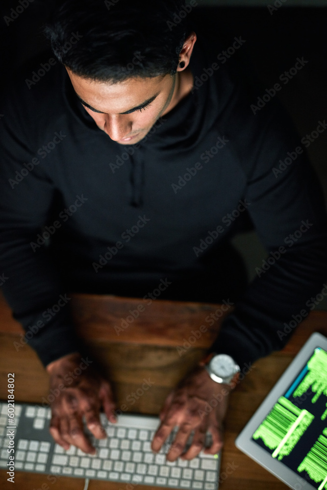 Poster Hacker, man and computer keyboard in night programming, coding software or password hacking, tablet and dark room. Online code, cyber security and programmer person hacking data on digital tech above