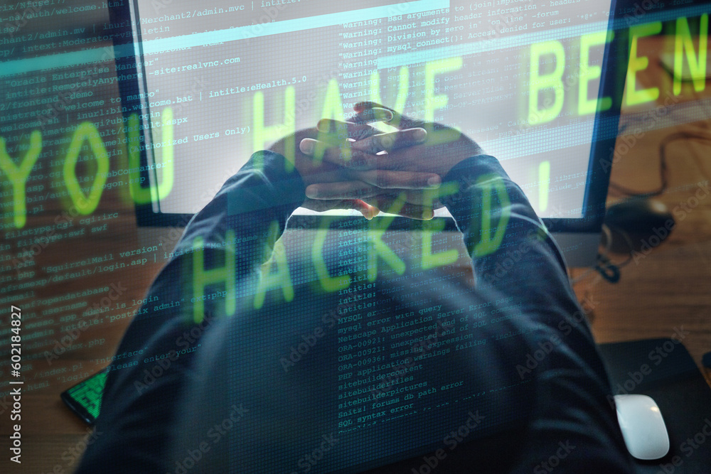 Poster Hacker, man hands and computer screen for software hacking, coding or programming success at night in digital overlay. Code crack, information technology and programmer person stretching on desktop