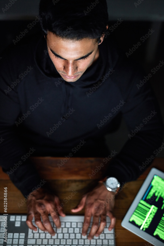 Poster Hacking, man and computer keyboard for programming, coding software or password hacker, tablet and dark room. Online code, night cyber security or programmer person hacking data on digital tech above