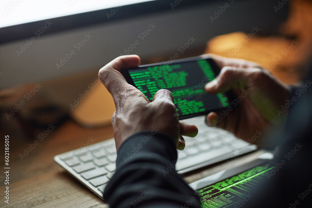 Aufkleber Hacking, phone screen and man hands for software data, crack code or password and internet or cybersecurity crime. Online, cyber thief and coding system of person or hacker on cellphone or mobile app