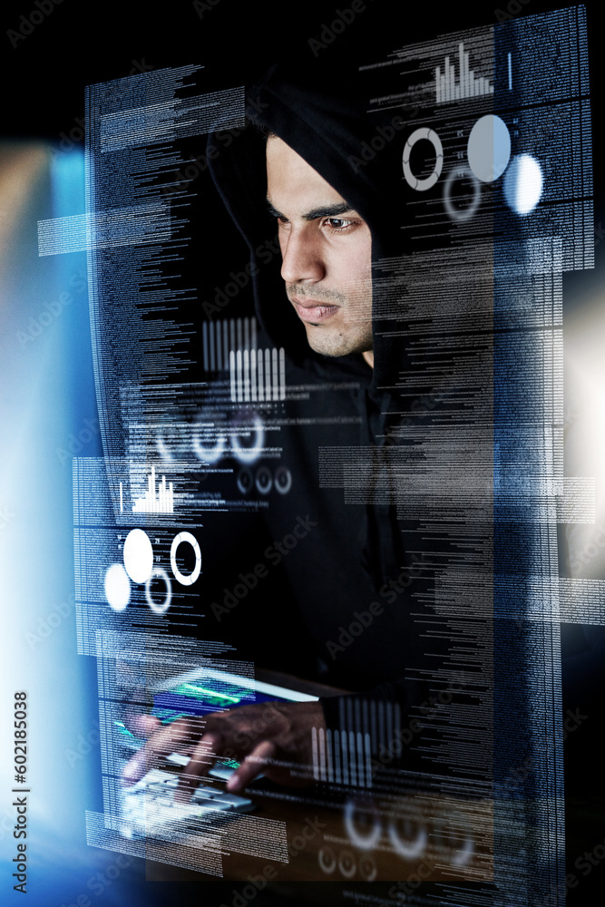 Leinwandbilder Computer, digital overlay and man, hacker or programmer for night hacking, programming or fintech app crime. Software coding, information technology and focus person in hoodie for cybersecurity fraud