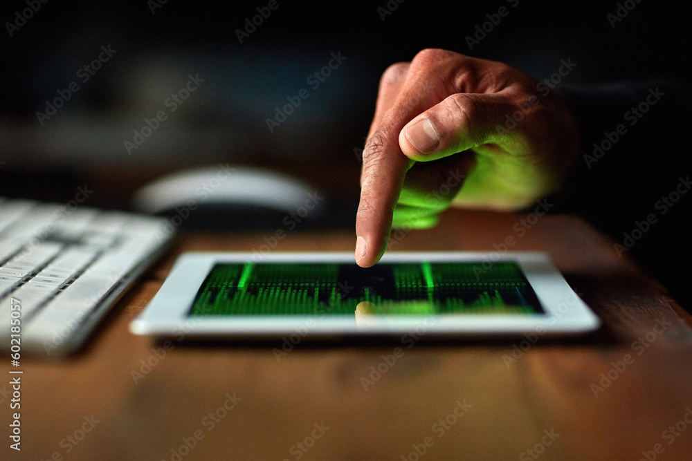 Leinwandbilder Hacker, man hands and tablet screen for software data, crack code or password and dark room in cybersecurity crime. Online, cyber thief and coding application of person hacking digital technology app