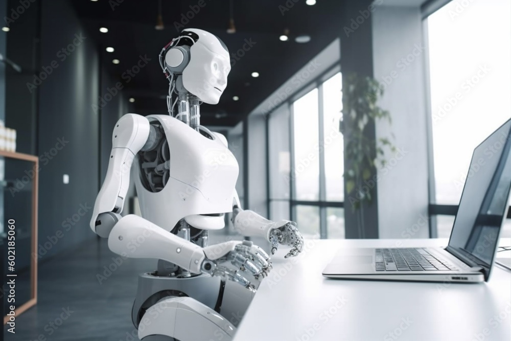 Poster ai robot artificial paper digital laptop document office technology hand. generative ai.