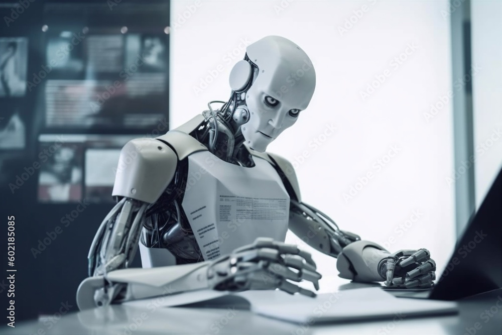 Poster ai document laptop paper hand office digital robot artificial technology. generative ai.