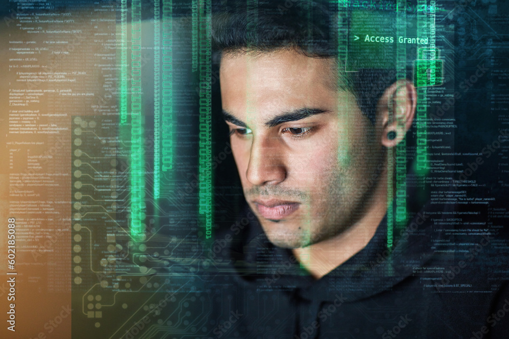 Poster Hacking, coding and digital overlay of man with night software, password access or data programming. Cybersecurity, html code and system or server hacker, programmer or focus person with web database